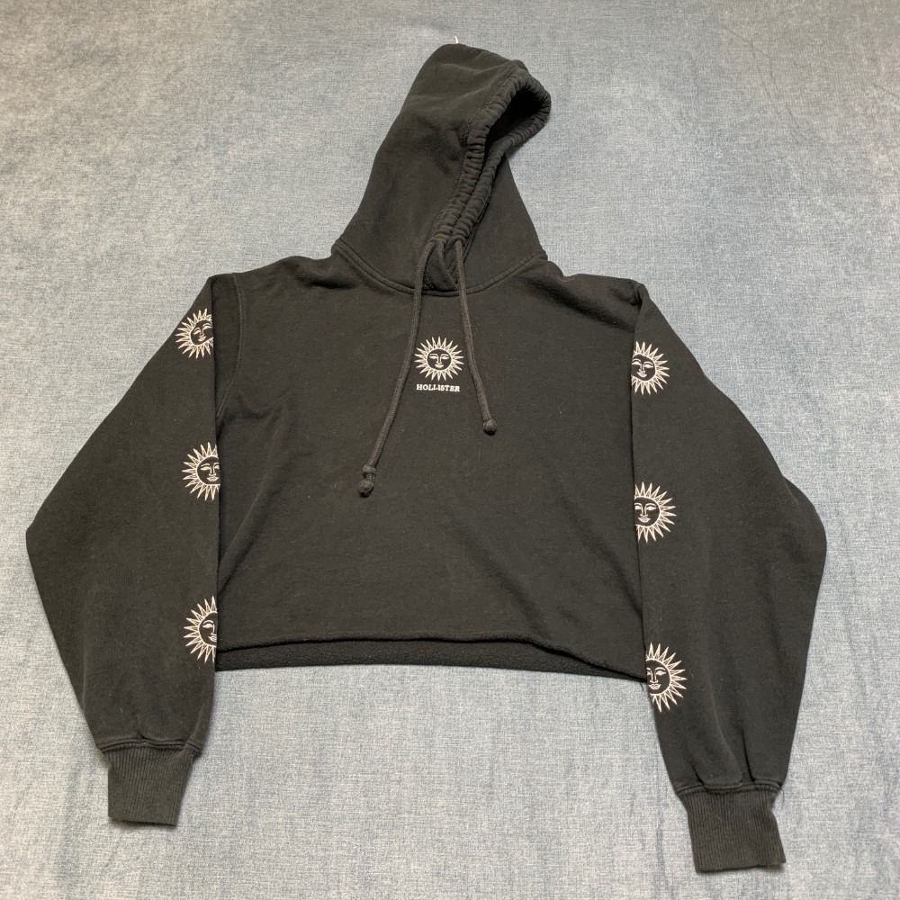 Hollister California Crop Hoodie Womens Small Black Cotton Sun Face Embroidered